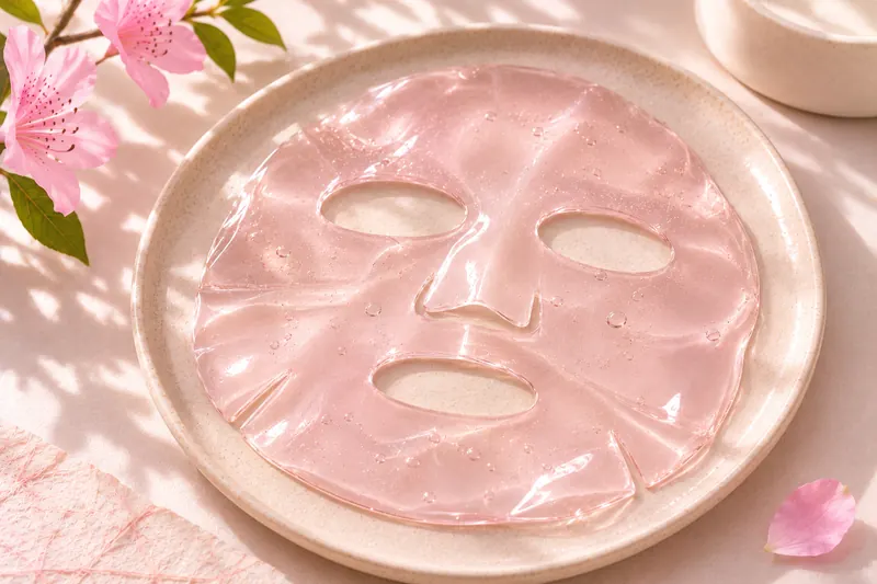 Rosé Hydrogel-Maske auf einem Keramikteller