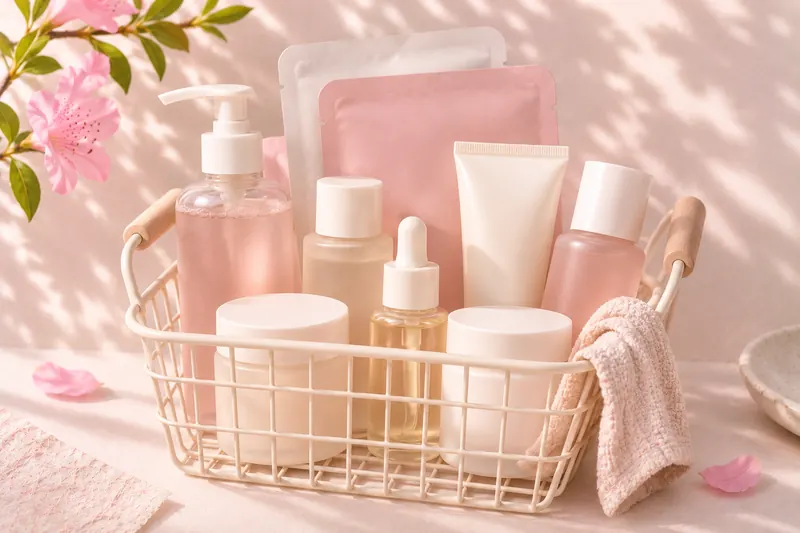 Drahtkorb mit Pflegeprodukten wie aus der Drogerie