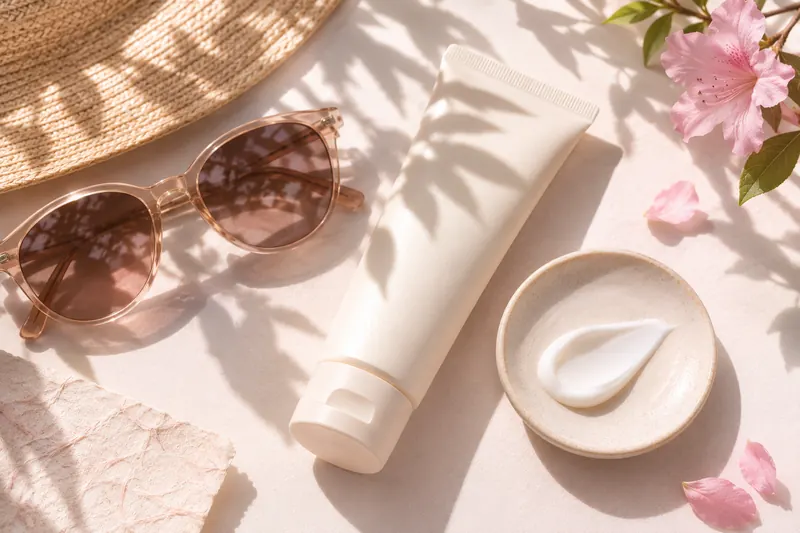 Sonnencreme-Tube, Sonnenbrille und Strohhut auf hellem Tisch