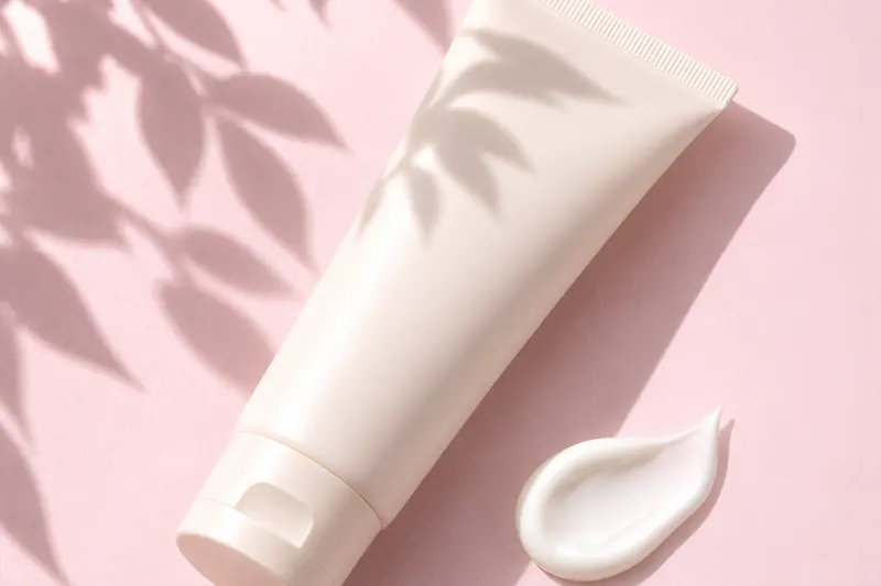 Sonnencreme-Tube mit Cremeklecks auf rosé Grund