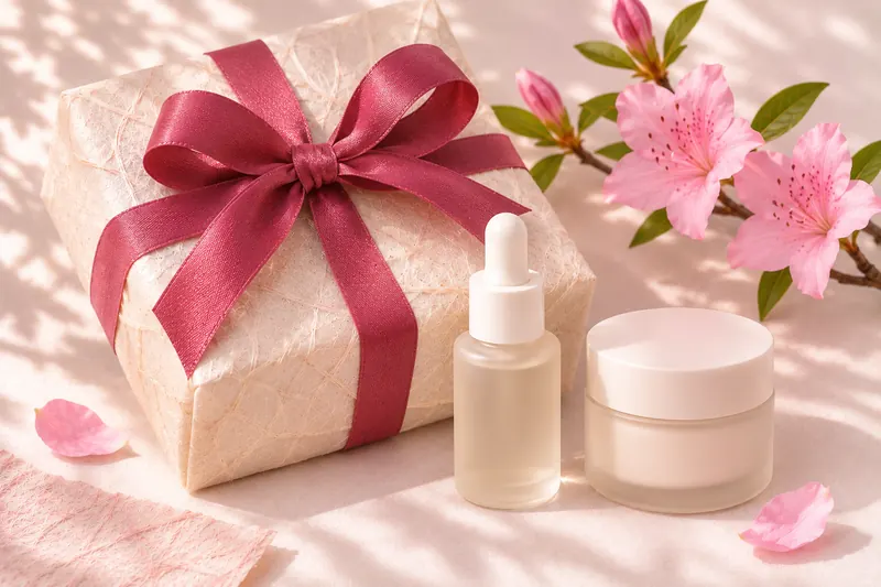 Geschenk mit dunkelrosé Schleife neben Fläschchen und Tiegel